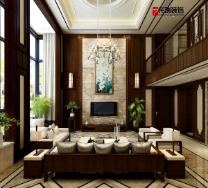 两层挑高的客厅，以现代的装饰手法和家具，结合中式古典的装饰元素，呈现亦古亦今的空间氛围。意境悠远，丰
