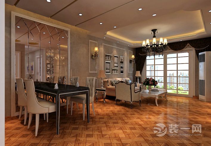 创艺装饰  橡树湾  101平 三居室 造价12万  欧式风格  客餐厅不同角度效果图