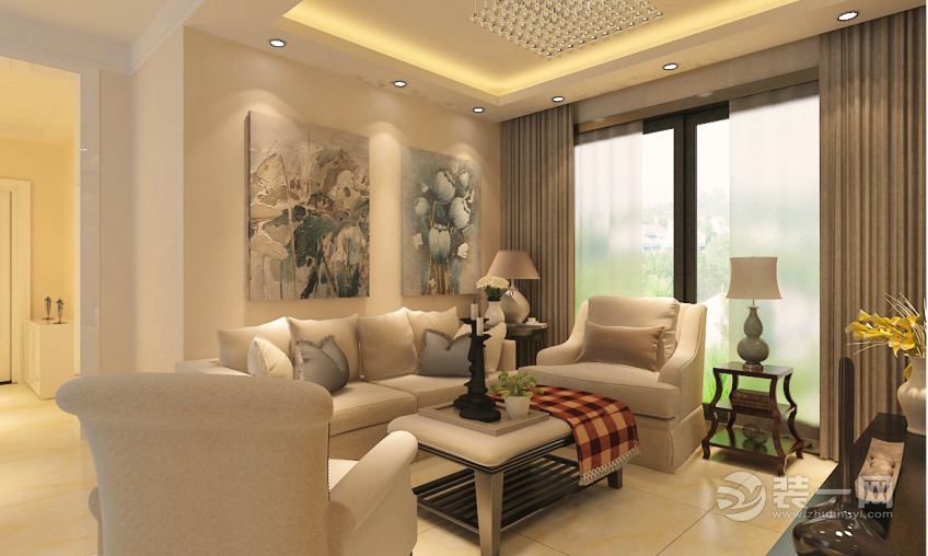 创艺装饰  原树提香  89平 二居室 造价9万 现代简约风格   客厅沙发背景装修效果图