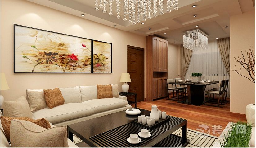 合肥创艺装饰 信达天御  108平 三居室 造价13万 新中式风格   客厅沙发背景墙装修效果图