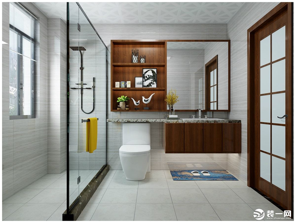 卫生间：做了单独淋浴房，采用灰色冷色系瓷砖，简洁大方，定做浴室柜，增加储物空间。
