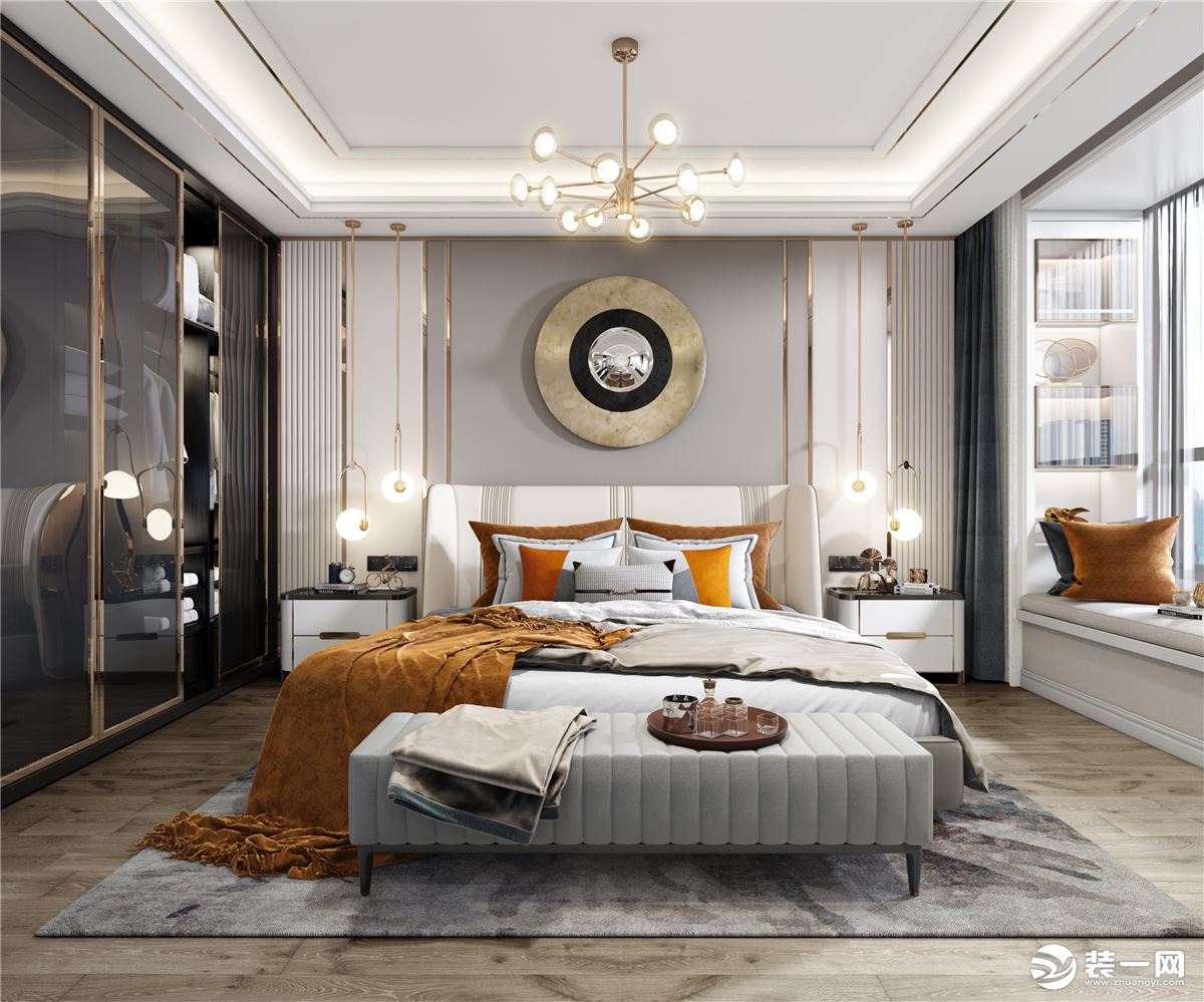 主卧室空间是私人的空间，浓浓的轻奢风格，体现出来，顶面设计加入玫瑰金的造型。背景墙面为硬包加金属条的