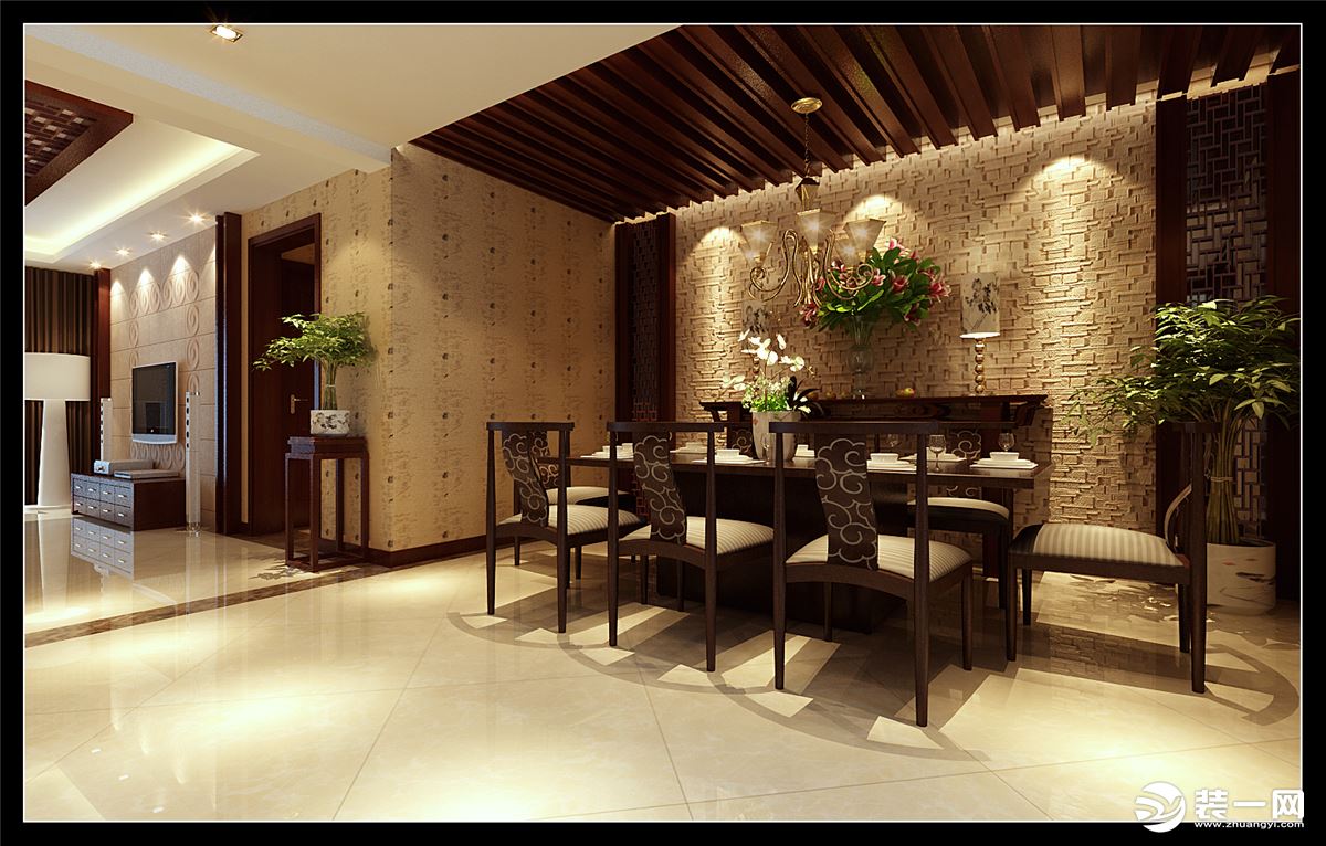 餐厅背景采用餐边柜装饰来表现空间，酒柜适度留白，增加趣味性，推拉门使用白色，和墙面对比