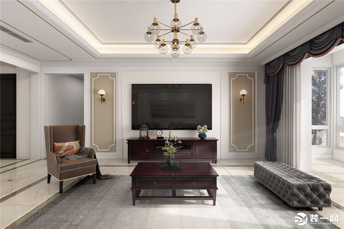 客厅整体搭配上颜色都是有轻有重，墙面室用灰色的乳胶漆，搭配皮质的沙发，沙发以暖白为主，即简洁又高尚的