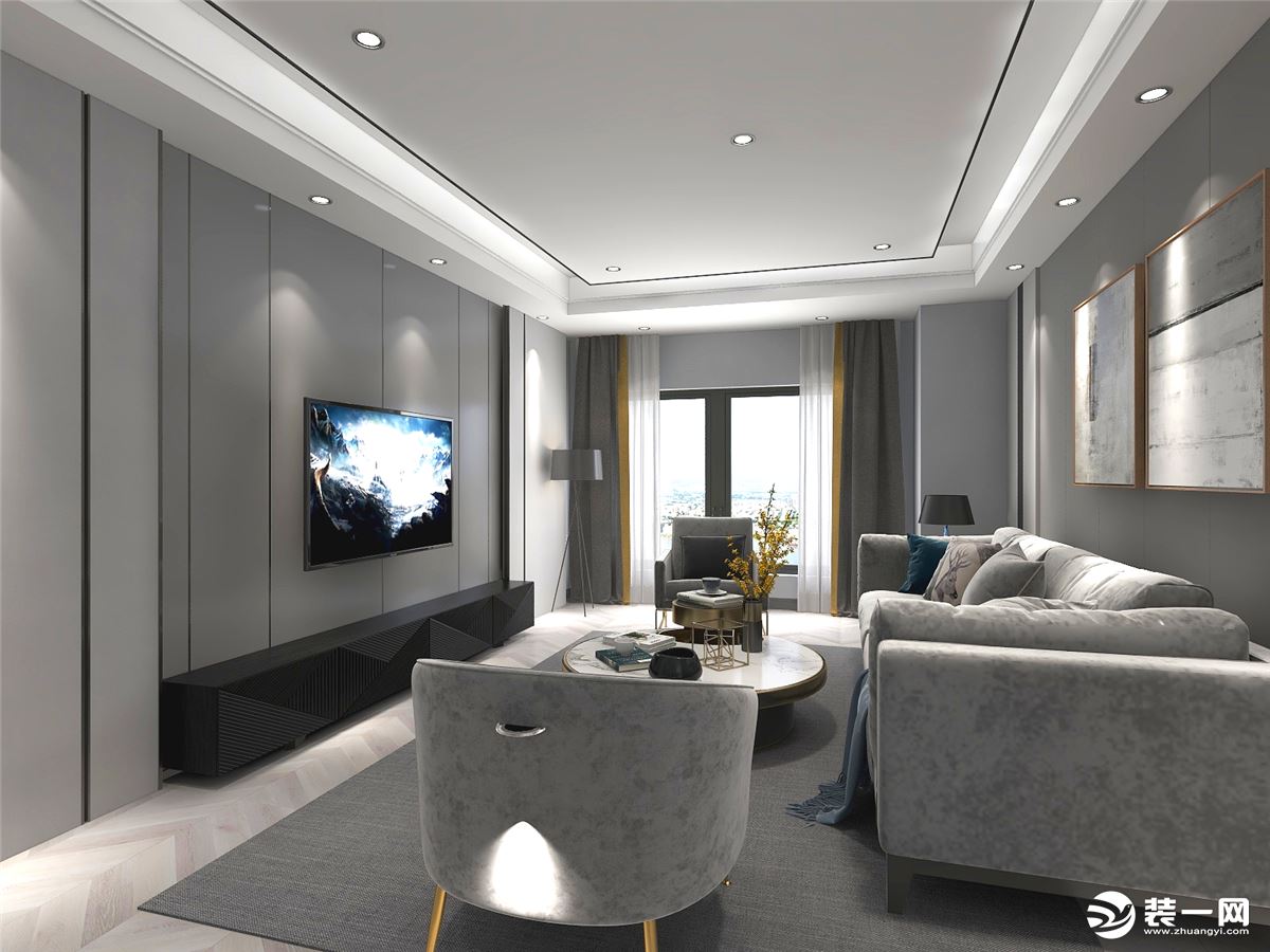 客厅空间方正，标准的客厅空间，方便沙发摆放，墙面采用对称式造型，