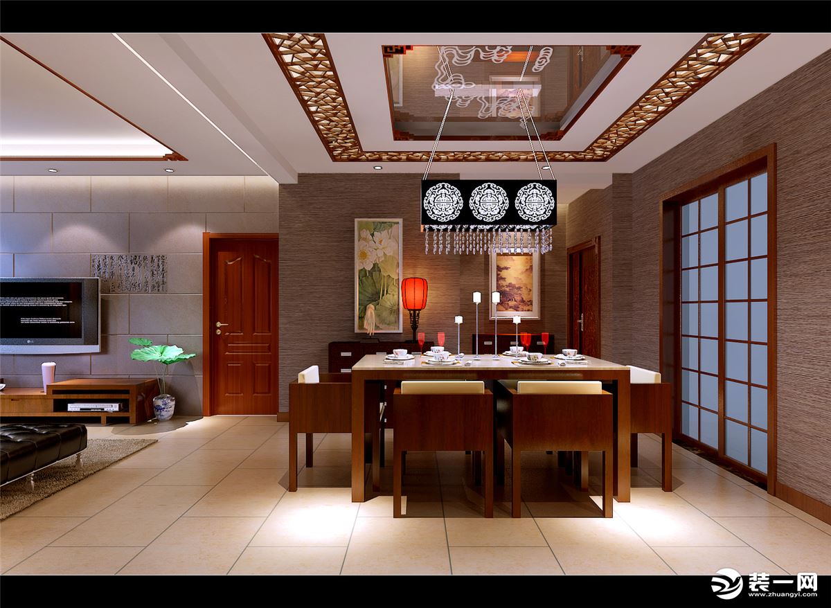 餐厅吊顶用了天井的方式，花格来做，让中式文化底蕴更浓厚一点，搭配中式的吊灯，看起来更美。