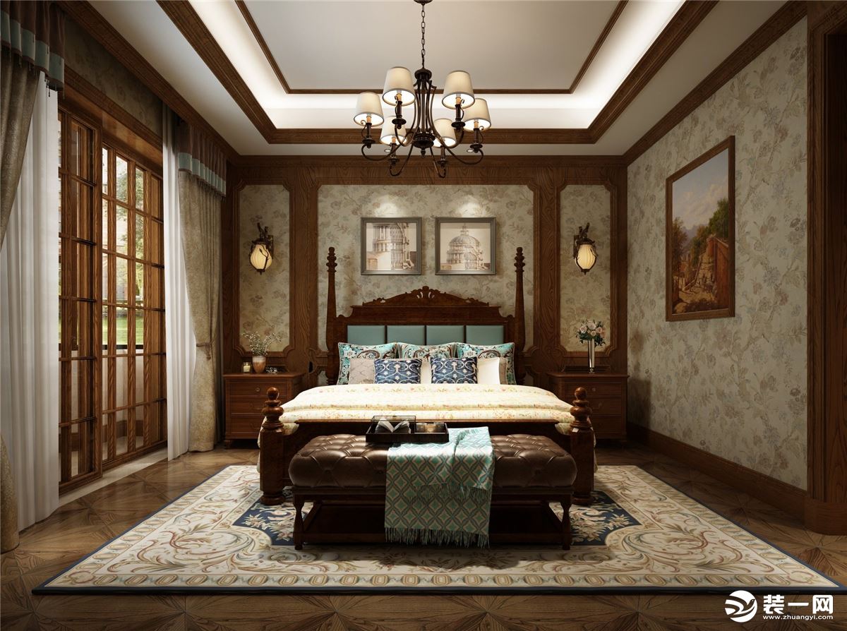 主卧室高靠真皮复古式大床，沉稳大气，拼花地板、森林背景墙纸除了表达气质的华贵和浪漫，更给满足业主对极