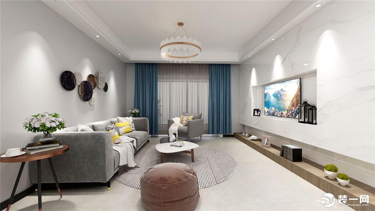 客厅整体搭配上颜色都是有轻有重，墙面室用灰色的乳胶漆，搭配绒布的沙发，沙发也是以灰色为主，即简洁又高