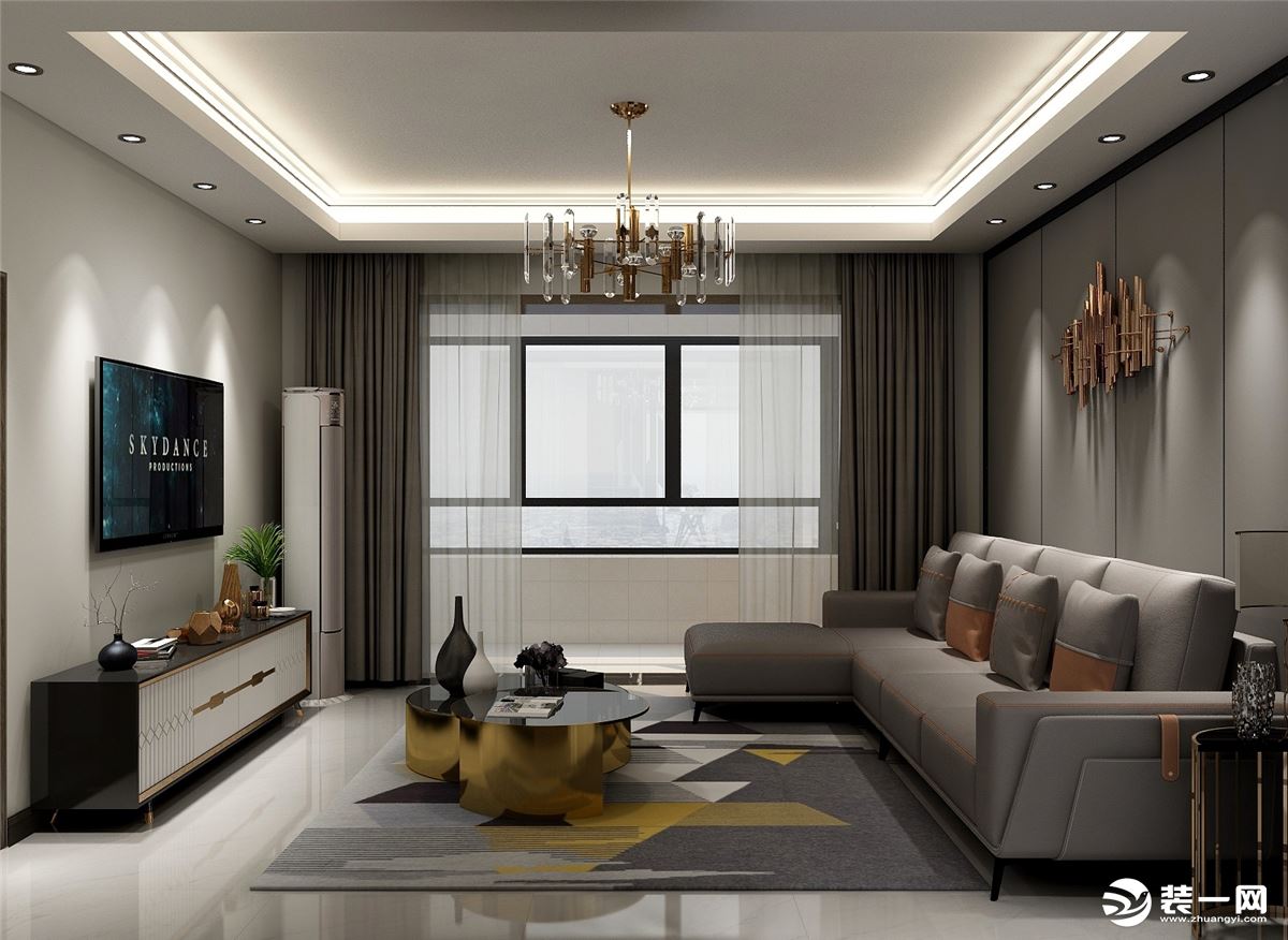 客厅的设计力求沉稳大气，以现代人的审美需求来打造富有传统韵味的细节，彰显出现代轻奢的格调，沙发背景采