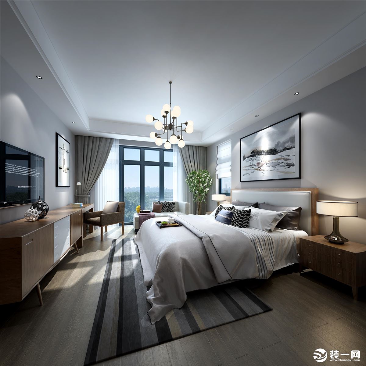 卧室的空间感和透光，再加上白色的吊灯，让整个卧室显得很温暖