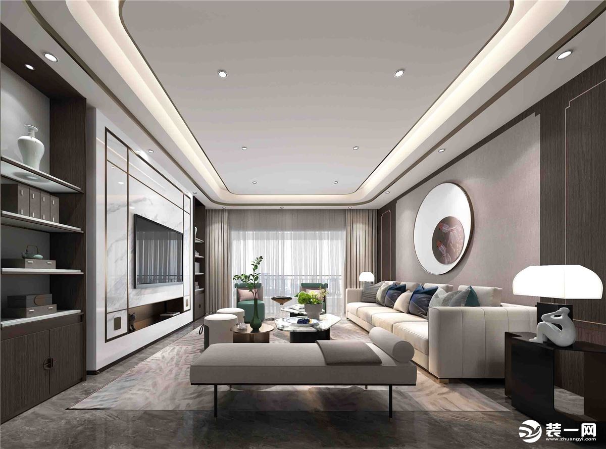 客厅的设计力求沉稳大气，以现代人的审美需求来打造富有传统韵味的细节，彰显出新中式的格调，沙发背景采用