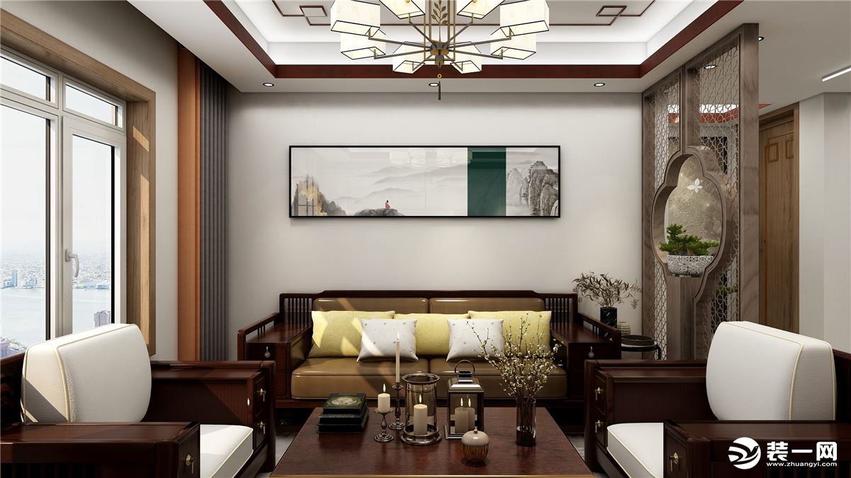 客厅的中式造型设计，风格上保持统一。造型别致的中式挂画，山水飞鸟，意境悠远。