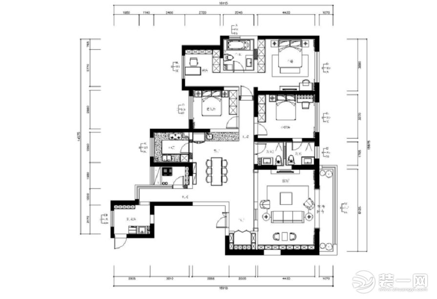 戶型解析：四房一廳三衛(wèi) 套內(nèi)面積大約：155㎡  戶型方正，各個房間區(qū)域劃分合理，基本上不需要大的戶