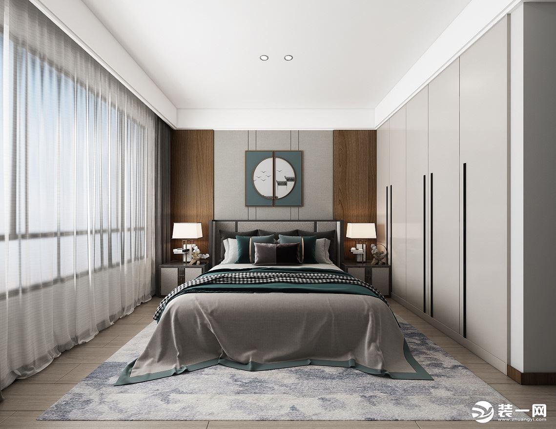 床头背景墙采用木工板材质搭配木质边条做收口，卧室内做大型定制衣柜，宛如是衣帽间就在身旁。