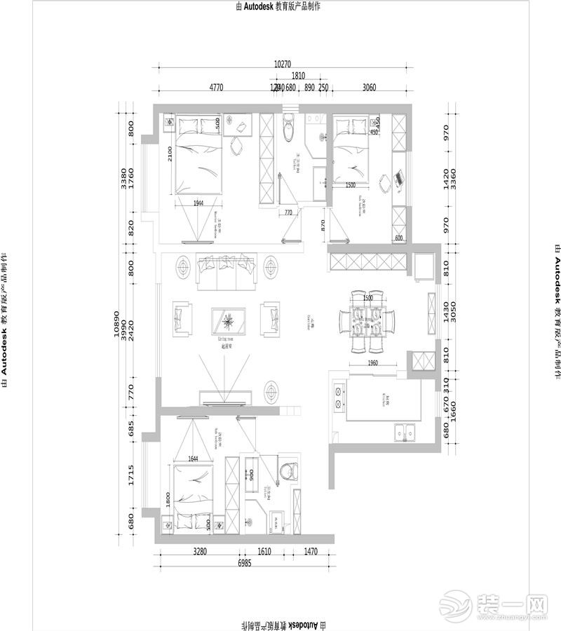 本戶型為三室兩廳兩衛(wèi)設(shè)計，戶型全明設(shè)計搭配南北通透布局，采光效果最大化。