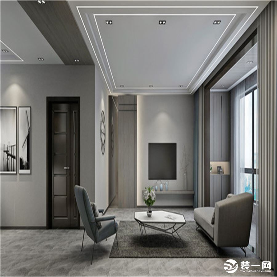 客厅区域的设计，通过黑白灰三种手法的搭配，展现出极具视觉感的效果，吊顶以矩形顶为主，夹杂着一圈灯带的