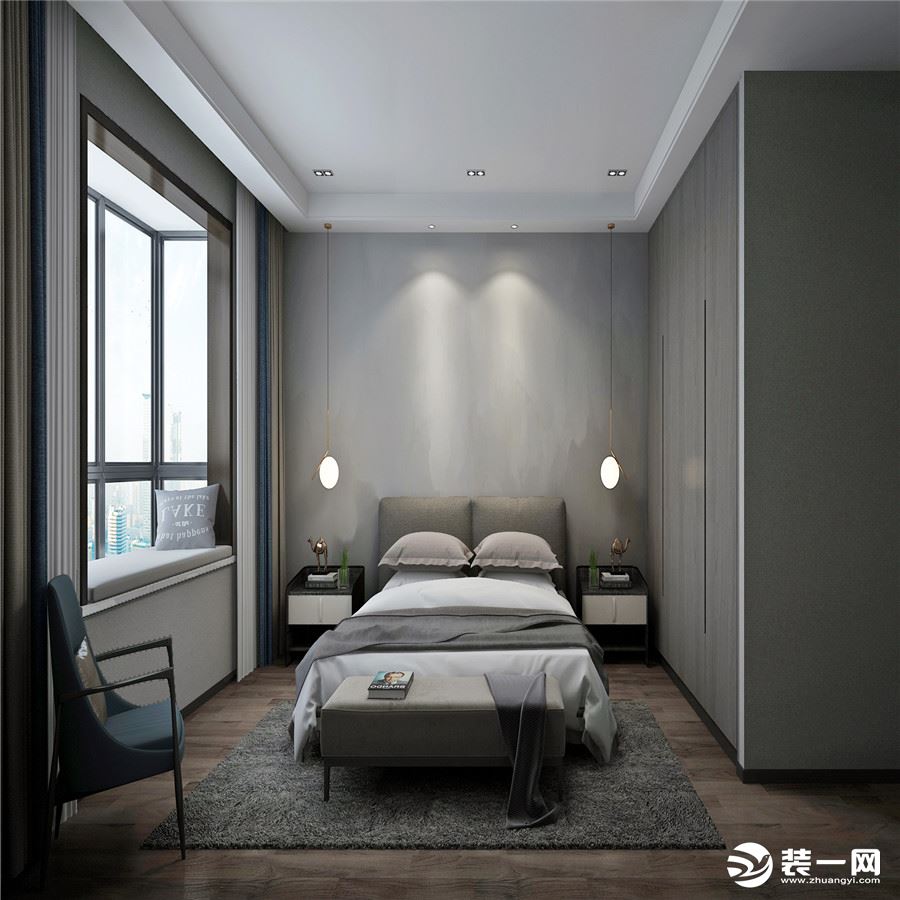 卧室墙面用极简灰，加以床旁边两个暖色线性吊灯的调和，整个看起来不那么冷，衣柜也是用的浅灰色橡木，跟整