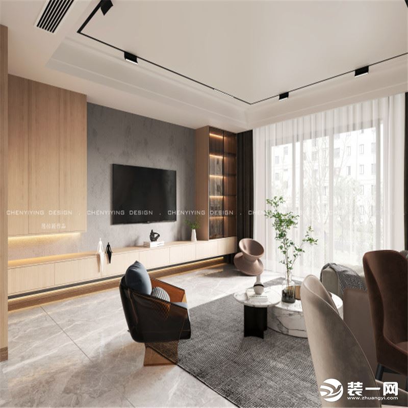 客厅采用简单矩形吊顶，米白色的沙发与深灰色的电视背景墙形成撞色。现代家具与简约的背景形成一种温馨简单