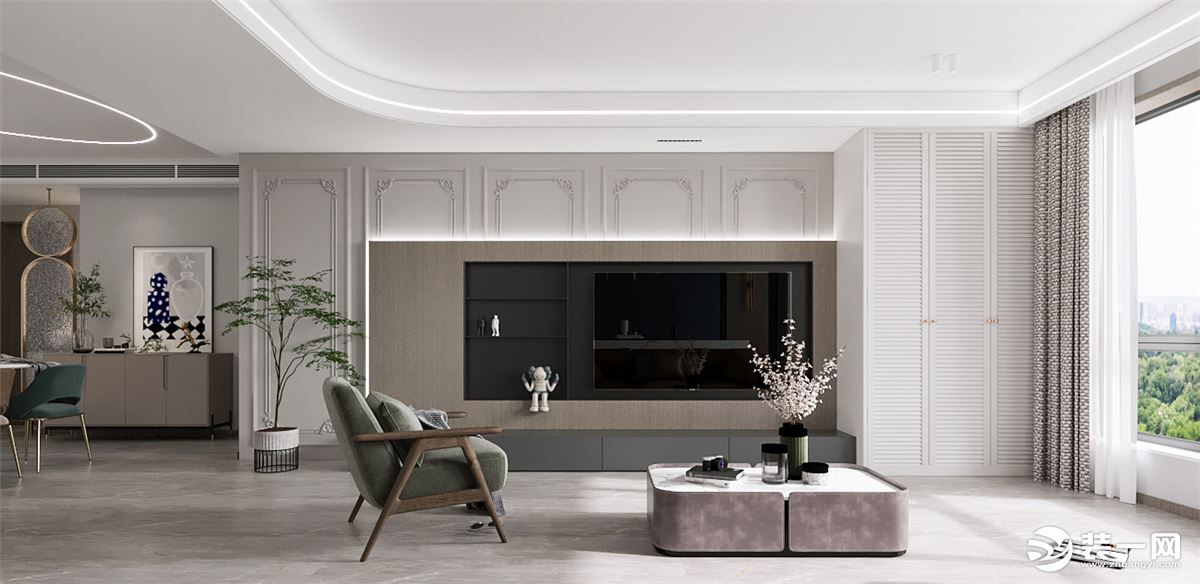 客厅采用了很多灰色和白色的石材。让整个空间的基调稳重干练，背景墙用温馨的木作墙板和实木线条营造丰富的