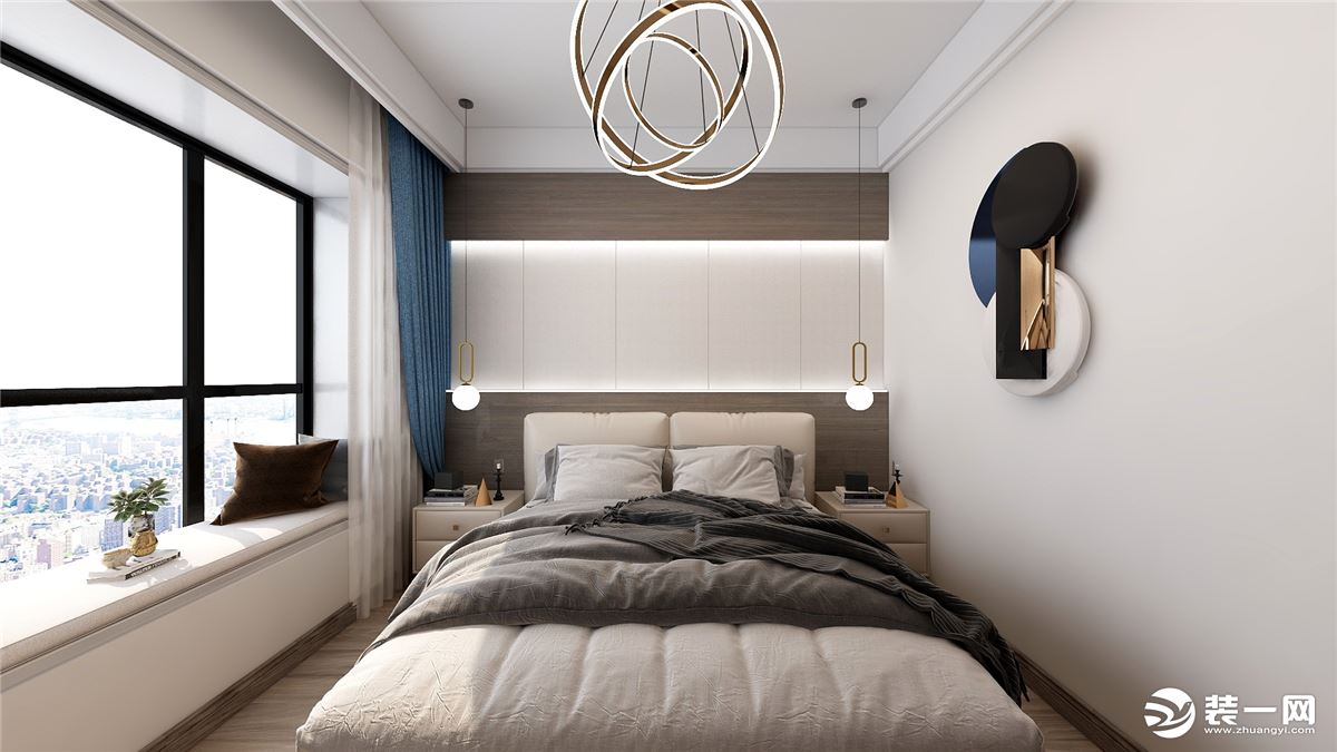 主卧休息区由于空间尺寸有限只能够放下1.8米的双人床和两个床头柜，背景墙的设计是以上下相拼的木饰面板