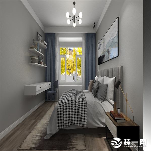 主卧室柜子是用白色的符合整体的风格设计，床用的是灰色的。