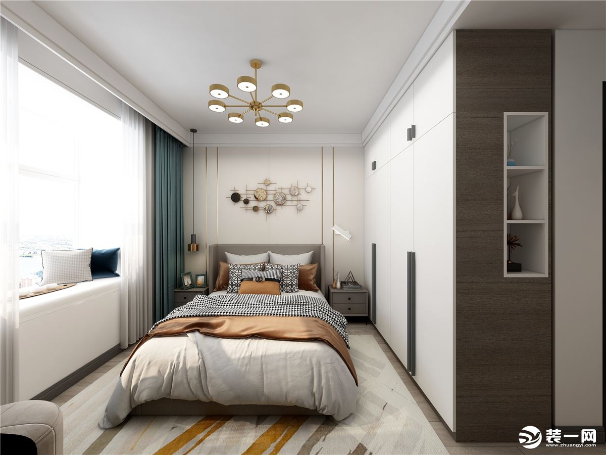 主卧室空间有独立的卫生间，家庭居住的空间美感之下，床头背景墙为调色的乳胶漆设计。