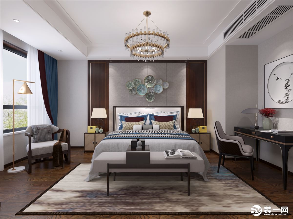 卧室色彩柔和温馨，结合灯光的局部点缀增加空间的神秘感。