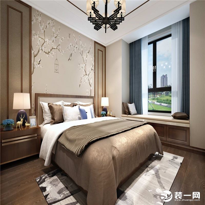 以灰、褐两色作为主色调的卧室，在顶面沿用了木线条呈回纹勾勒，使空间富有层次感。