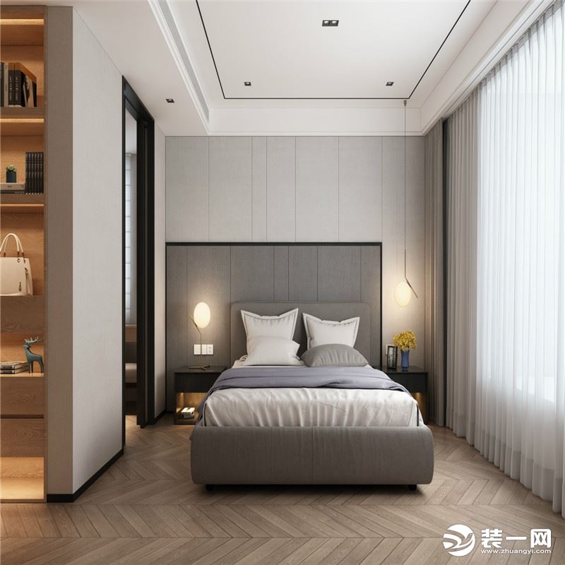 主卧室分为套间的形式，让衣帽间的功能更加强大，满足对衣帽间的所有使用方式，卧室床头背景，选用不规则色