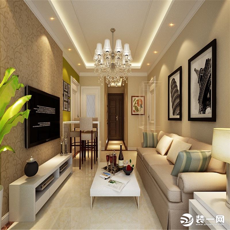 在设计时电视和沙发背景墙采用两种质感的材料，这样的设计可以拉伸空间深度，让客厅看上去更加宽大。