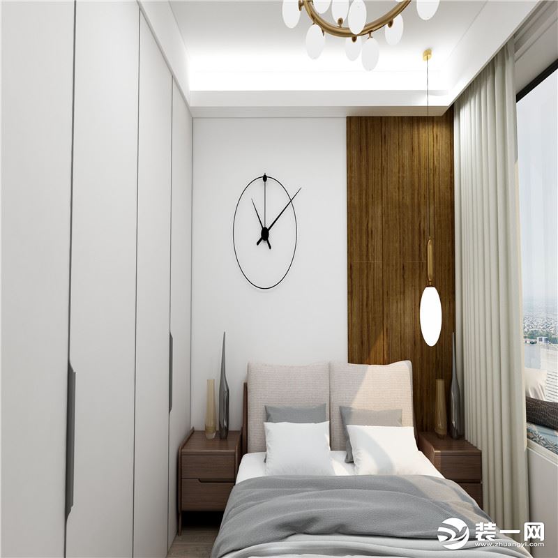 卧室整体布置比较简单，色调以白色为主，白色的衣柜与整体色调搭配在一起