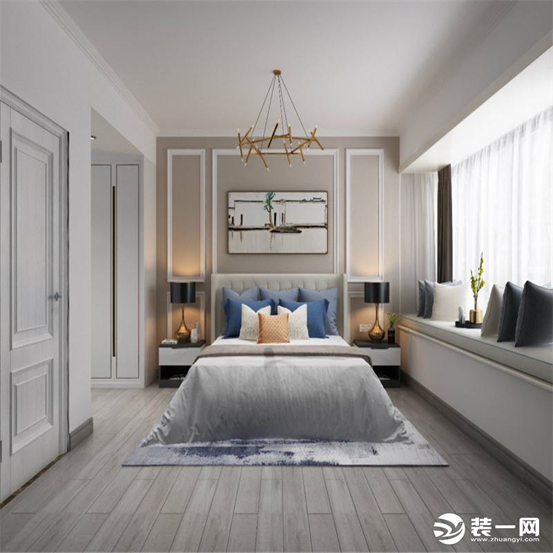 雅低调的灰色充斥整个卧室空间如同主人的性格一样，略微的橘色雕琢在整个房间里表达了主人的品质生活。
