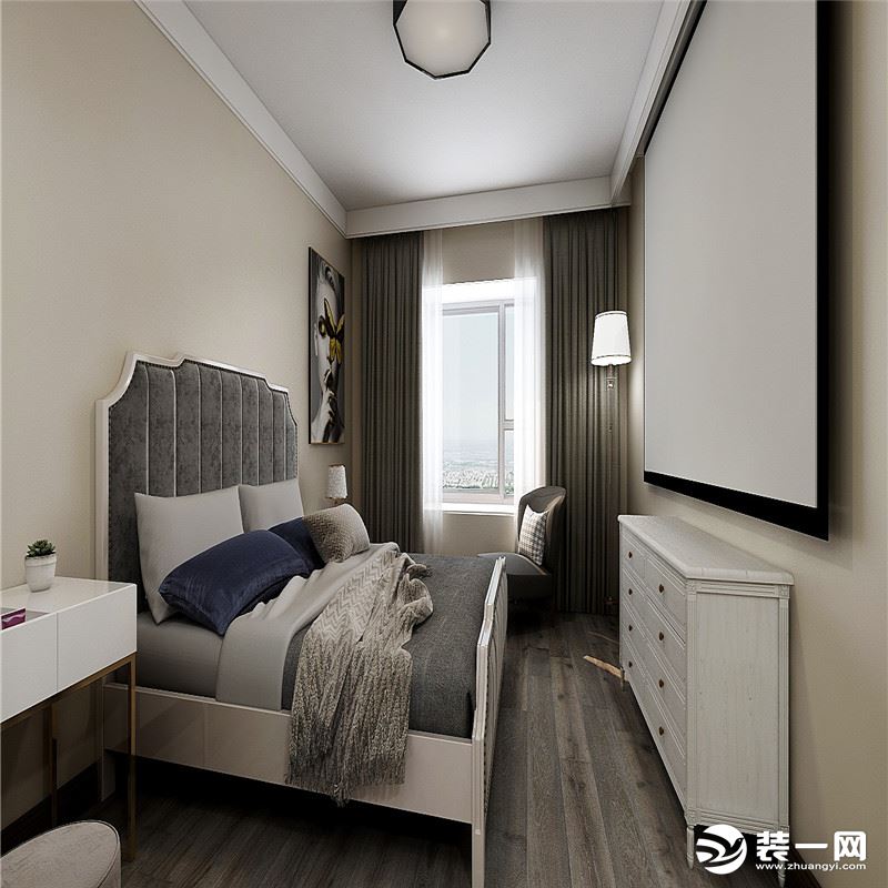 卧室的墙面采用了温和的暖咖色，以及暖灰色的木地板，灰色的窗帘，整体低调而舒适。