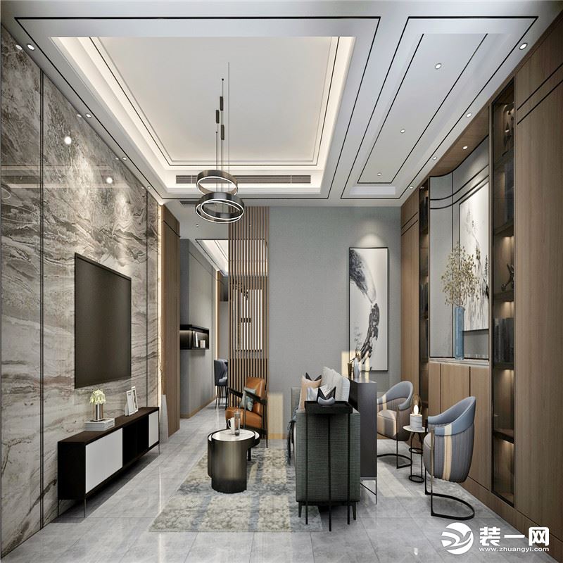 客厅区域的设计，通过原木色及暖色的搭配手法，展现出给人极为舒适感的效果。