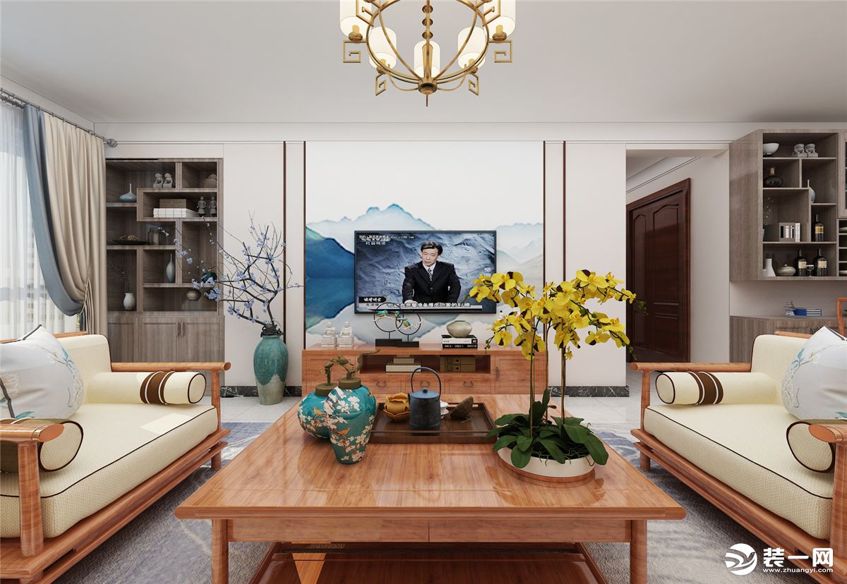 客厅的整体色调以暖色调为主，同时增添一些冷色感，让空间的冷暖色调进行对比。