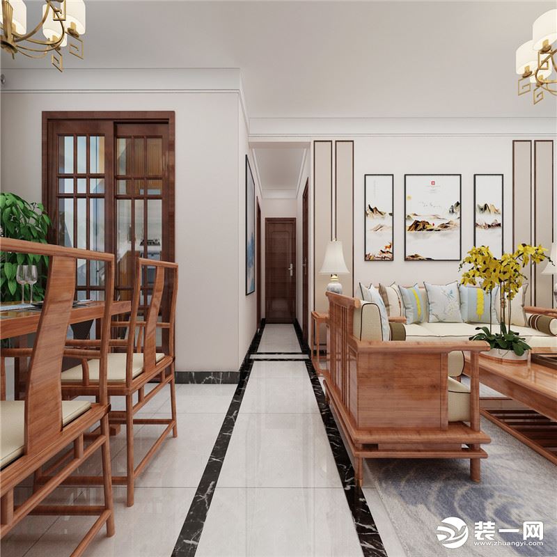  走廊通过简单的串边增加了空间感，同时串边将客厅与餐厅在进行了功能性的划分，减小了地面的单调感。