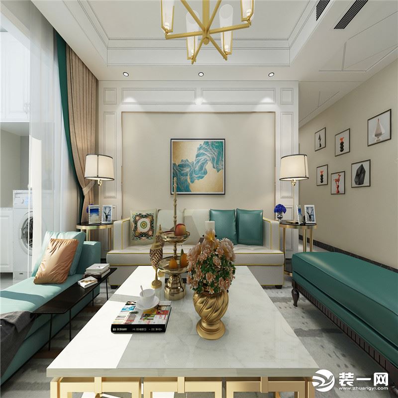  客厅的设计以浅暖系为主色调，极为简练的线条结构经过严谨的比例调整。