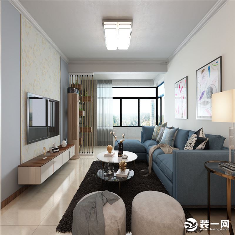 客厅影视墙造型采用轻奢最常用也是姑娘比较喜欢的金属元素，搭配壁纸，墙面选用灰蓝色调迎合主题。