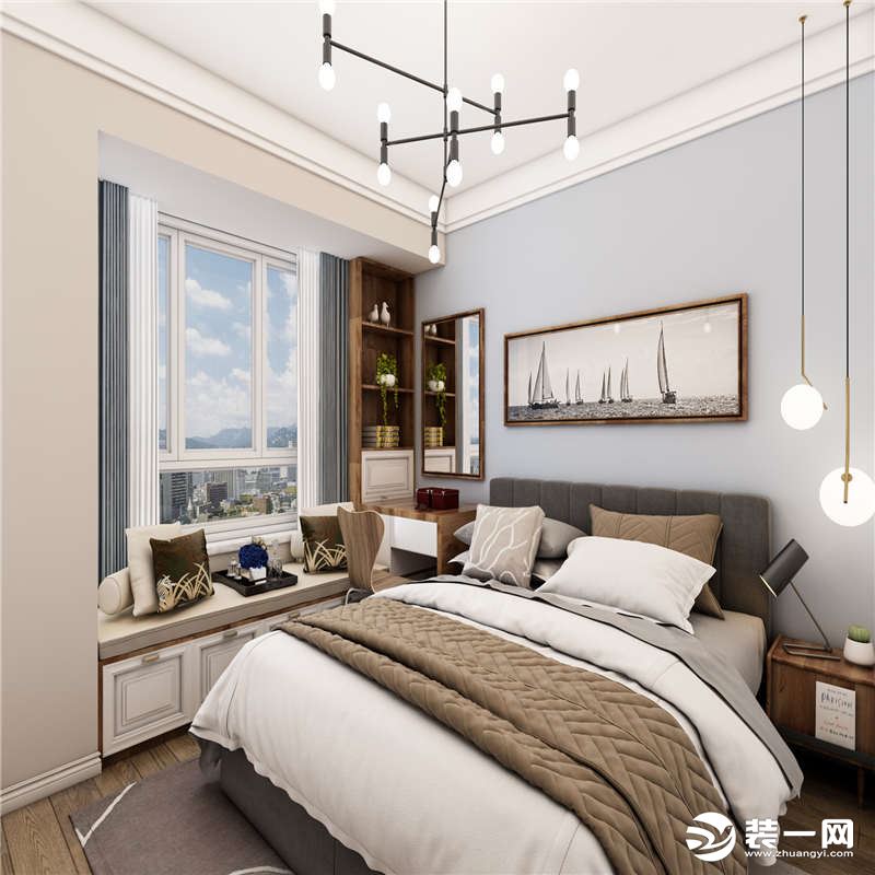 主卧室的风格相对客餐厅的更加实用和温馨，飘窗结合梳妆台的设计，让小空间也能大利用。