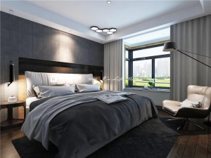 主卧床较为宽敞，床头造型采用了轻奢风格独特的硬包做装饰，营造卧室稳重大气的氛围，顶面用直线条的造型来