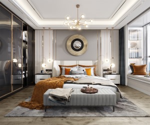 主卧室空间是私人的空间，浓浓的轻奢风格，体现出来，顶面设计加入玫瑰金的造型。背景墙面为硬包加金属条的