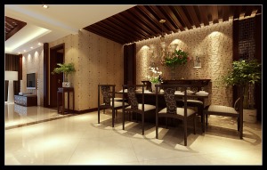 餐廳背景采用餐邊柜裝飾來表現空間，酒柜適度留白，增加趣味性，推拉門使用白色，和墻面對比