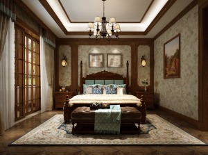 主卧室高靠真皮复古式大床，沉稳大气，拼花地板、森林背景墙纸除了表达气质的华贵和浪漫，更给满足业主对极