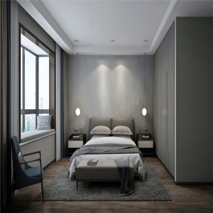 卧室墙面用极简灰，加以床旁边两个暖色线性吊灯的调和，整个看起来不那么冷，衣柜也是用的浅灰色橡木，跟整