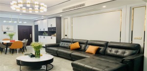 客厅主要以简约的表现形式来满足人们对于简约却不简单的居室环境的要求，整体色调采用灰色调。