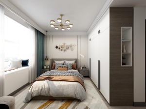 主卧室空间有独立的卫生间，家庭居住的空间美感之下，床头背景墙为调色的乳胶漆设计。