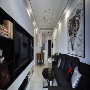 客厅整个空间是最难把握的空间，进门人视觉的第一视线，所以以黑白灰经典色系为主旋律展开整个空间的设计。