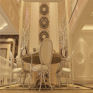 餐厅背景墙采用石膏线棱镜装饰画贯穿于一层和挑空的二层之间。