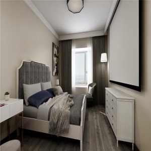 卧室的墙面采用了温和的暖咖色，以及暖灰色的木地板，灰色的窗帘，整体低调而舒适。