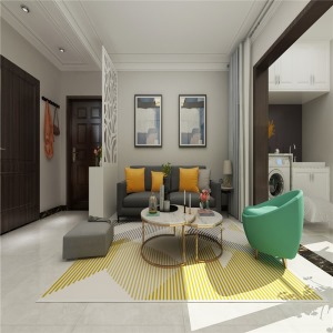 整个空间装饰以灰色系的家居饰品为主，点缀以黄色、蓝色软装，并配以简洁的几何及条纹图案，增添现代都市感